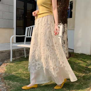 法式 高腰显瘦a字大摆长裙 重工刺绣花朵网纱半身裙女2026春夏新款