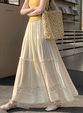甜美白色蕾丝拼接蛋糕裙半身裙女2026春夏遮胯显瘦a字裙仙女长裙