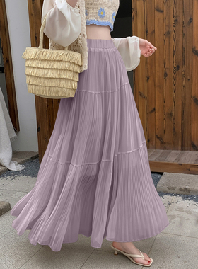 紫色百褶半身裙女春季2025新款垂坠感小众设计大裙摆高腰a字长裙