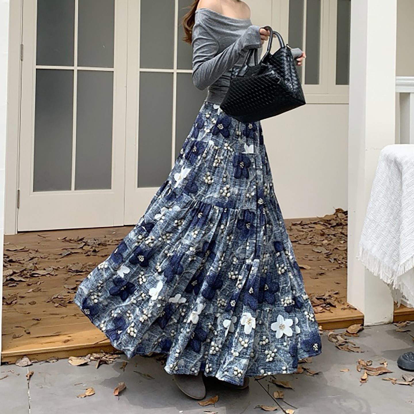 法式碎花半身裙女垂感大摆伞裙子