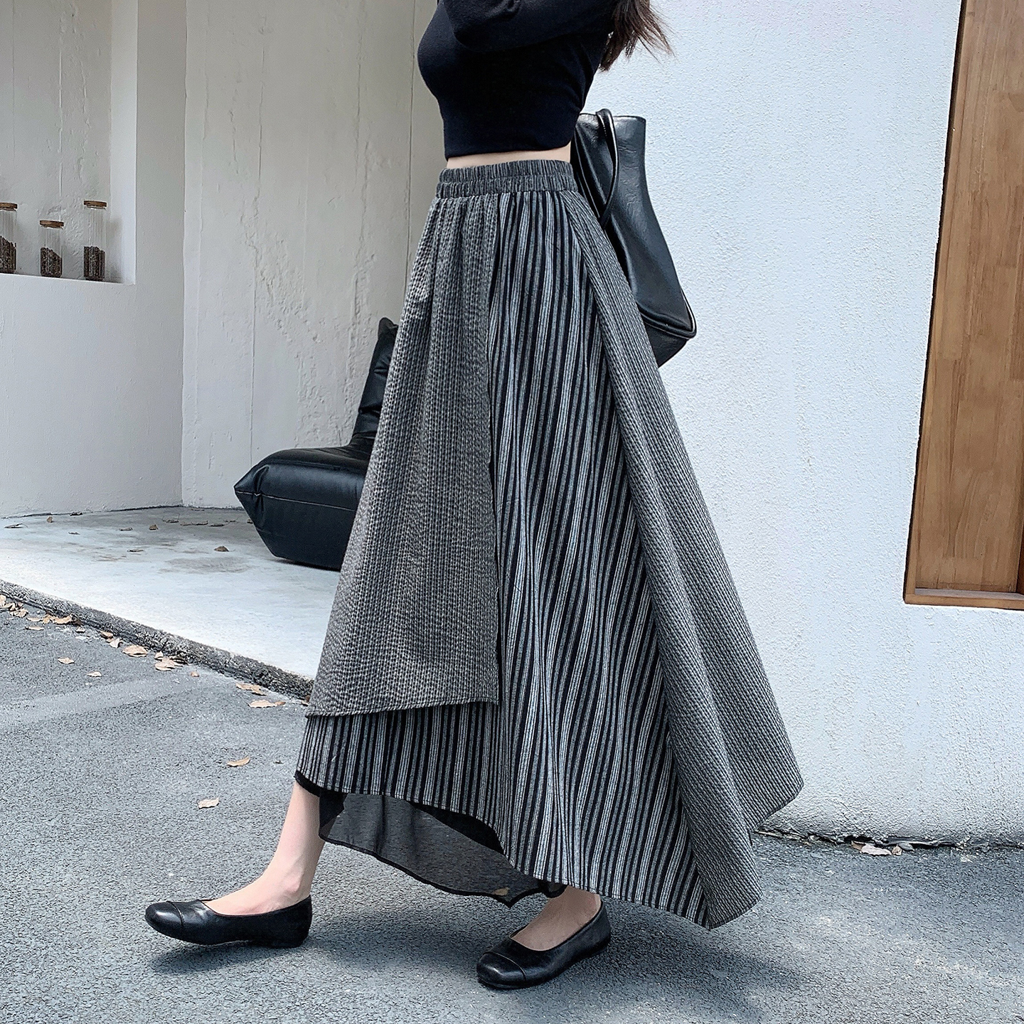 设计感不规则条纹半身裙女2025秋冬新款高腰遮胯显瘦中长款a字裙