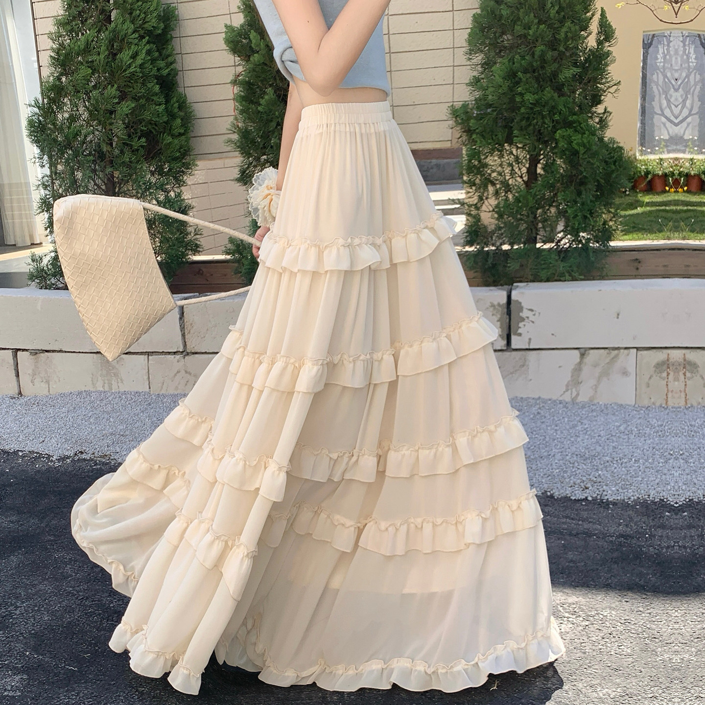 白色雪纺蛋糕裙女半身裙春夏季2026新款高腰大摆a字长裙仙女裙子