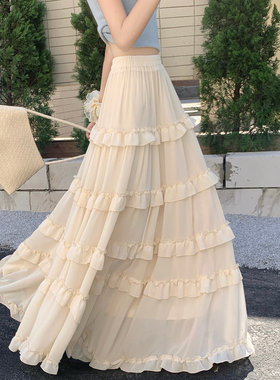 白色雪纺蛋糕裙女半身裙春夏季2026新款高腰大摆a字长裙仙女裙子