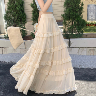 白色雪纺蛋糕裙女半身裙春夏季 高腰大摆a字长裙仙女裙子 2026新款