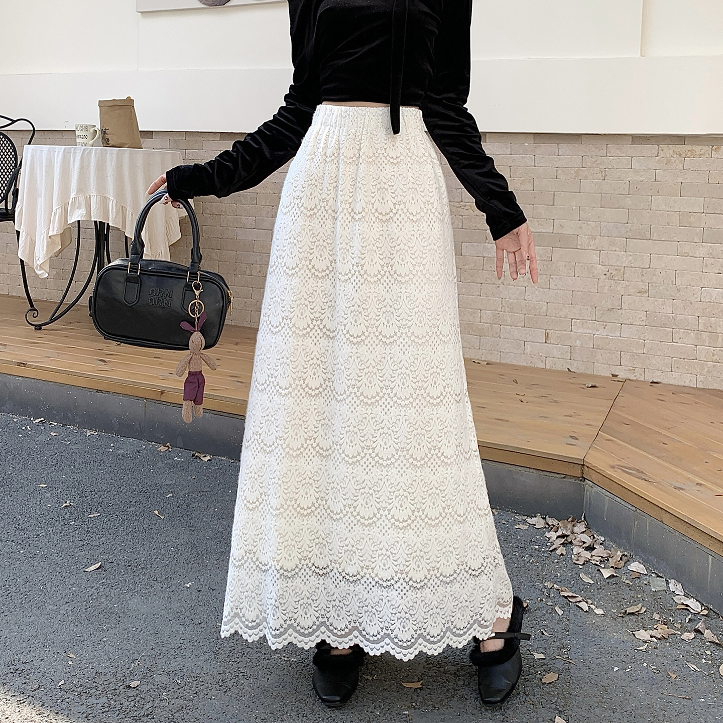 法式蕾丝加绒加厚半身长裙女秋冬