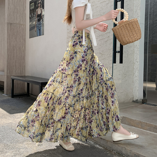 高腰显瘦a字裙垂感大摆长裙子 复古碎花雪纺百褶半身裙女2025夏季