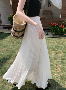 雪纺白色半身裙女夏季2026新款褶皱垂感大裙摆波浪边a字百褶长裙