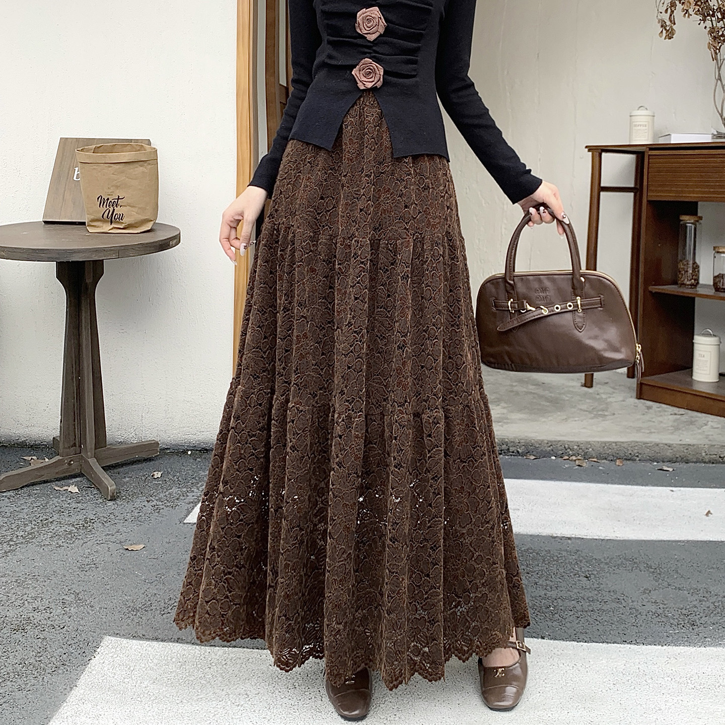 法式复古蕾丝提花半身长裙女秋冬