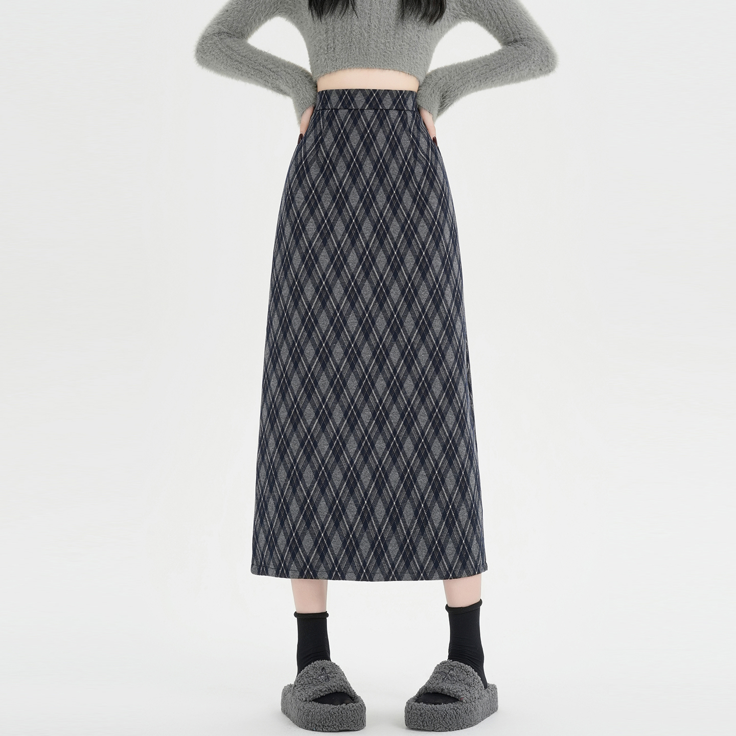 复古格子加绒加厚毛呢半身长裙女
