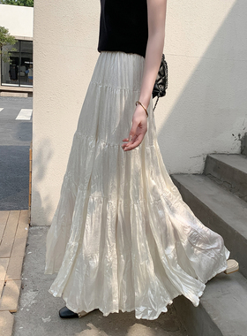 白色流光褶皱蛋糕裙半身裙女2026春夏遮胯显瘦a字裙宽松大摆长裙