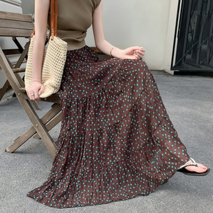 碎花蛋糕半身裙女夏季 褶皱飘逸长裙高腰大裙摆A字雪纺裙 2026新款