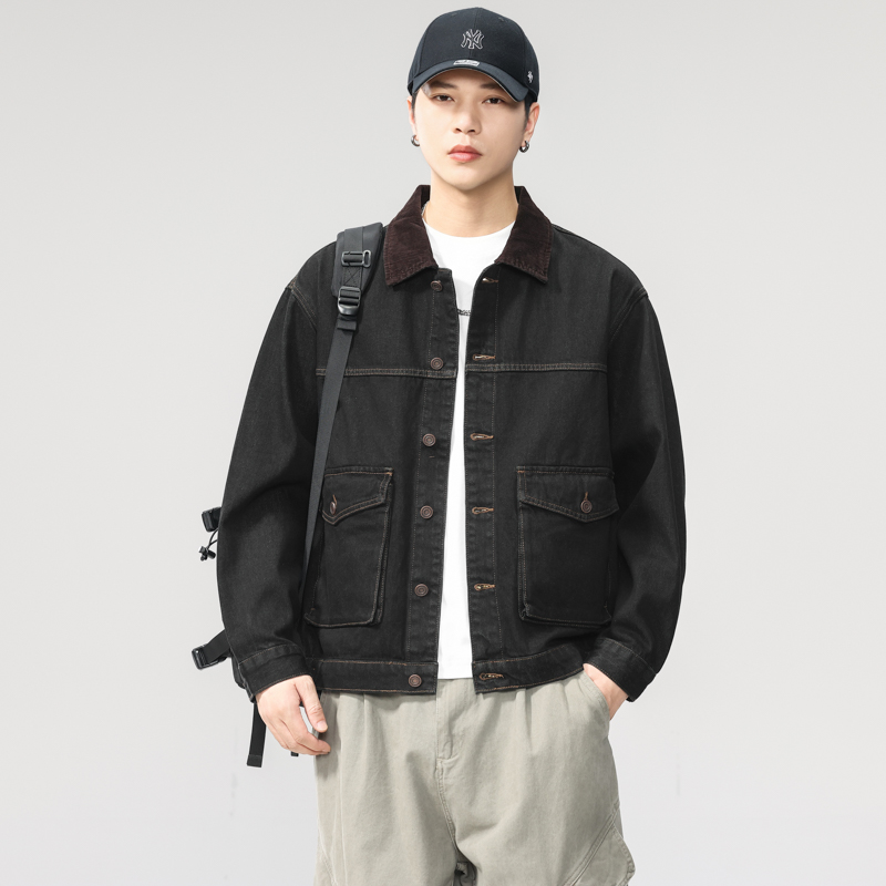 高端美式复古重磅水洗牛仔外套男2025秋季新款灯芯绒翻领工装夹克