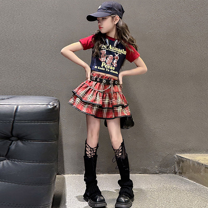 女童夏季T恤半身裙套装儿童时髦洋气短袖百褶蛋糕裙表演服两件套