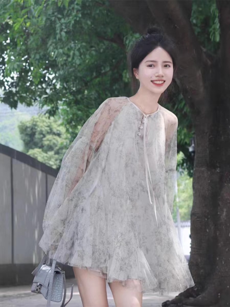 绝美小裙海边度假连衣裙女夏季网纱长袖防晒短裙仙气桔梗蓬蓬裙子