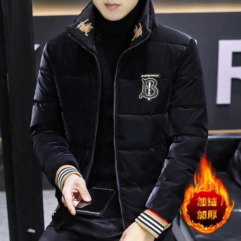 COTTON MENS WINTER THICKENED STAND-UP COLLAR DOWN JACKET MENS TREND SLIM HANDSOME SHINY EAGLE EMBROIDERED SHORT JACKET