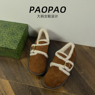 大码女鞋41到43宽脚胖勃肯棉鞋加绒乐福鞋森系小皮鞋绒面时尚保暖