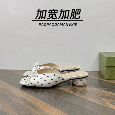 大码女鞋41到42加宽加肥法式温柔风蝴蝶结波点一字拖新款夏季配裙