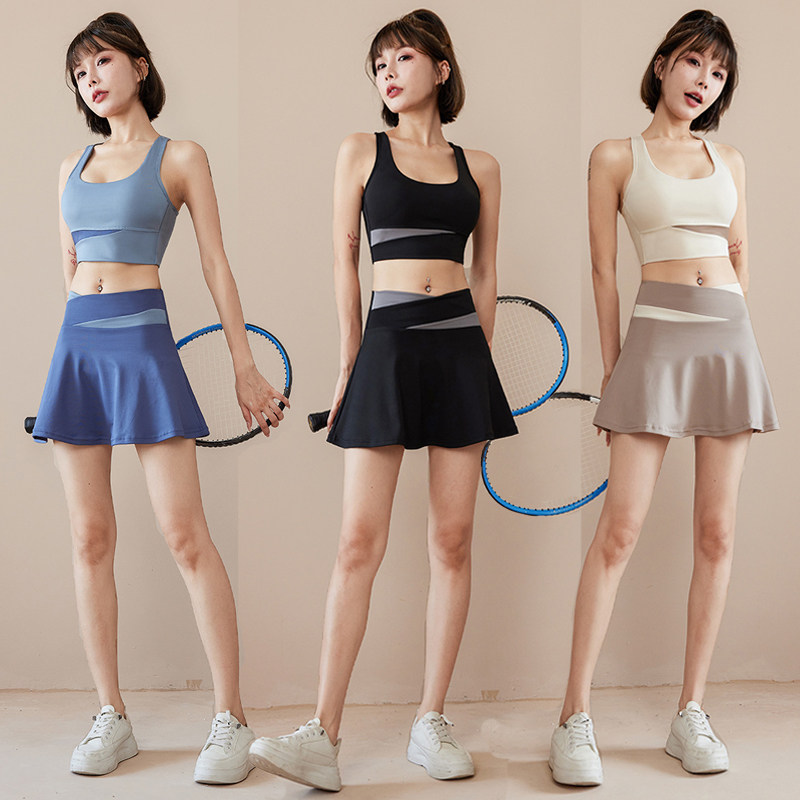여름 얇은 충격 방지 처짐 방지 스포츠 브래지어 요가 착용 세트 여성 러닝 피트니스 브래지어 패션 짧은 스커트