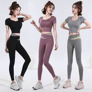 瑜伽服套装女短袖薄款夏季健身房跑步运动服速干带胸垫提臀训练服