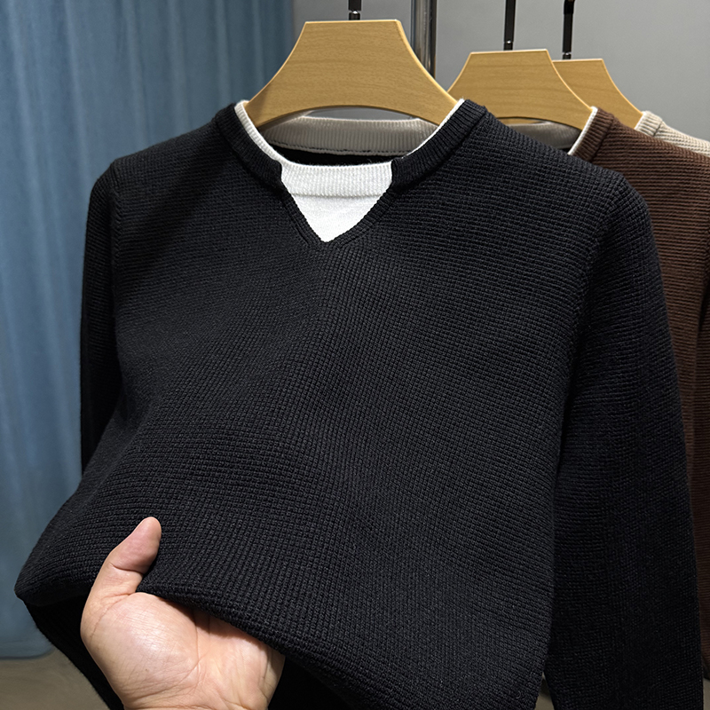 青年小v领假两件毛衣男士2025新款秋冬季内搭长袖打底衫男装线衣