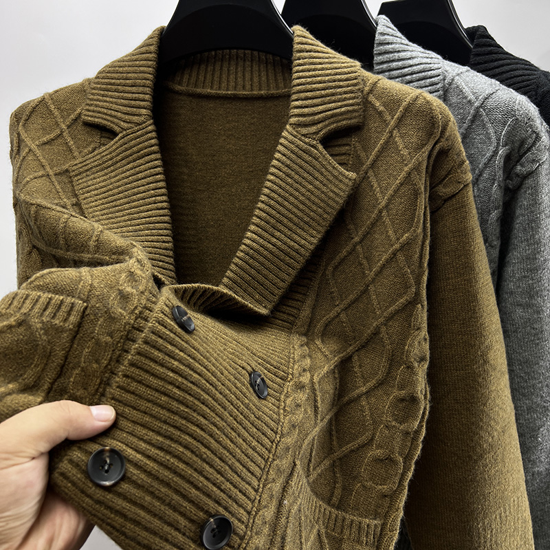 开衫男针织衫西服领口袋毛衣