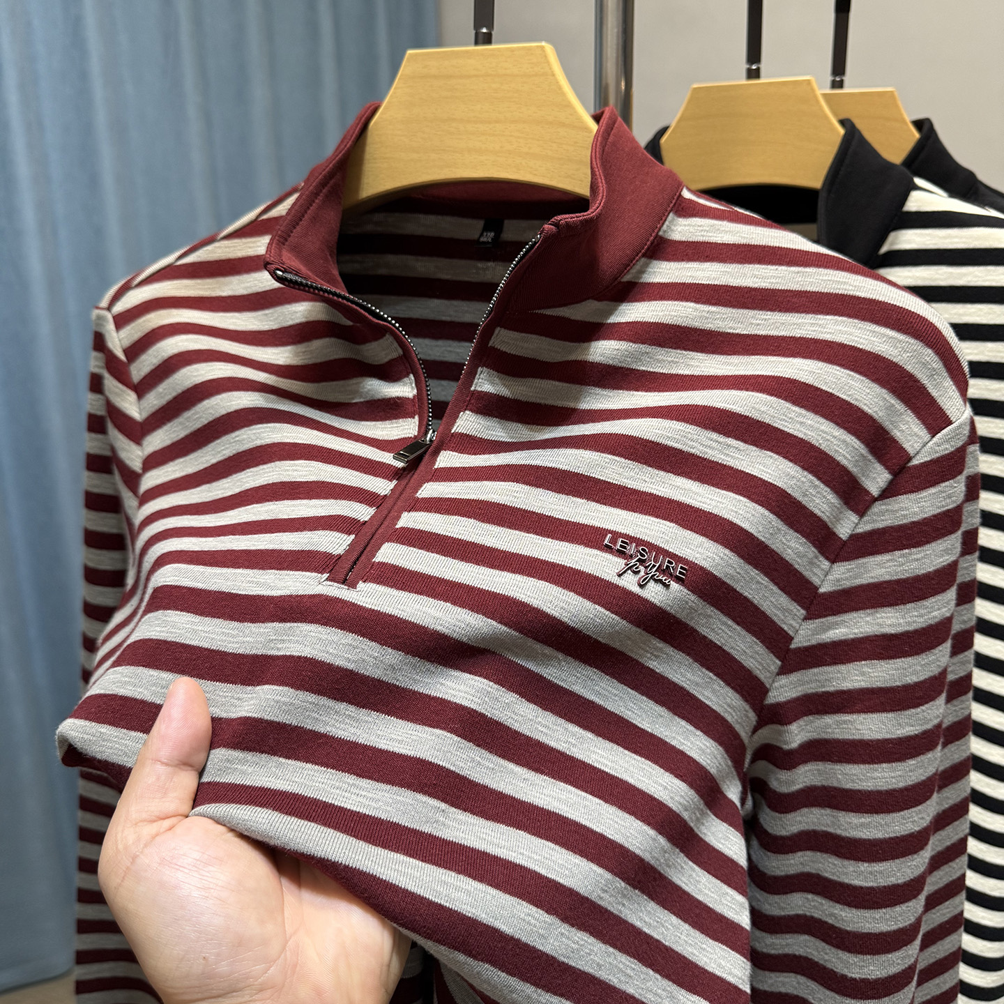 黑白纯棉半拉链长袖t恤男立领2025春秋季条纹打底衫男士内搭上衣