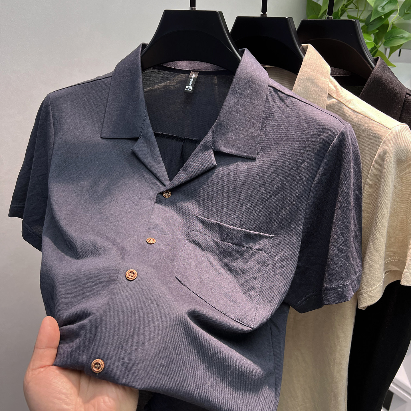 西服领开衫短袖t恤男夏季口袋冰丝衬衫男外套休闲半袖体恤上衣服
