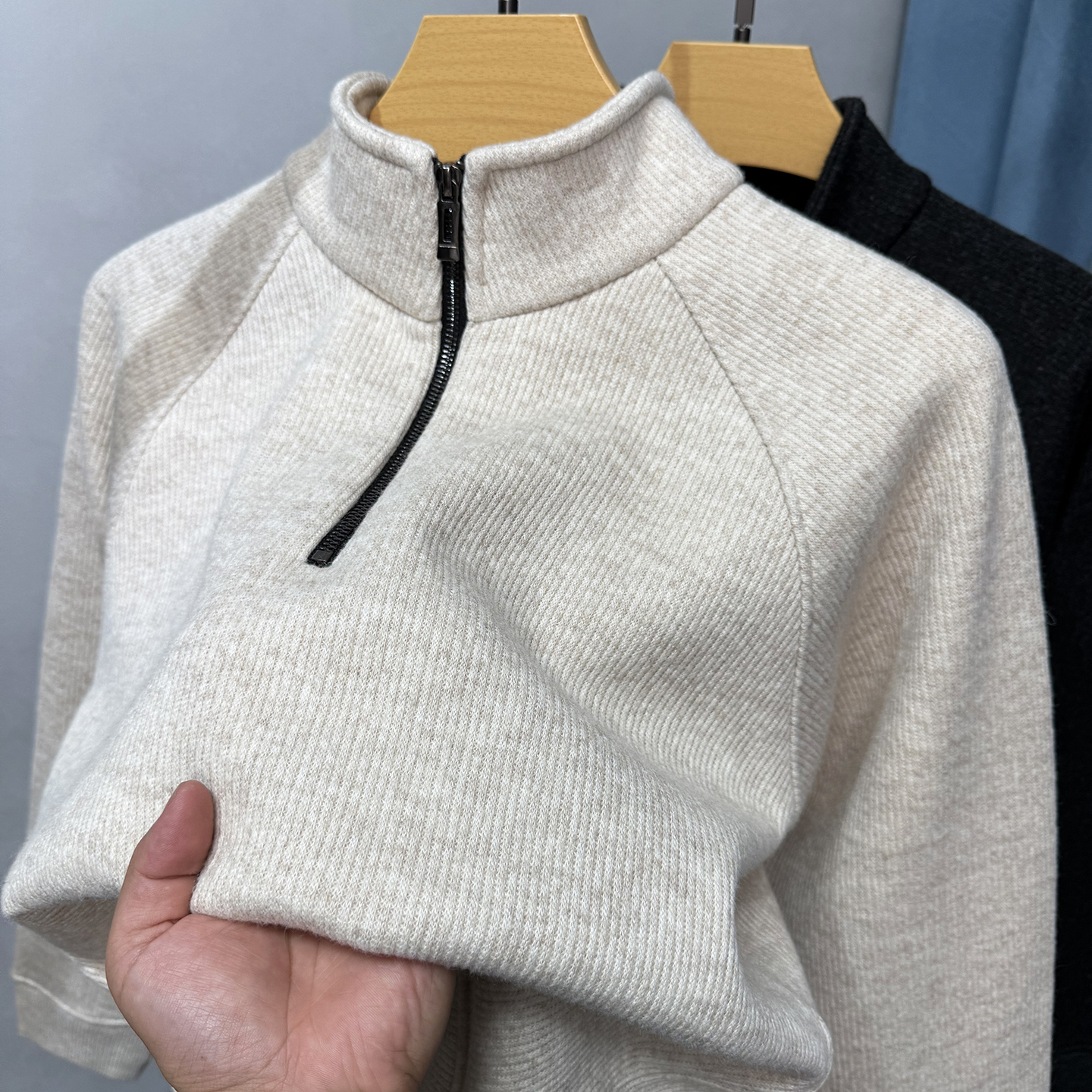 立领一体绒半拉链卫衣男长袖秋冬季加绒加厚t恤男针织打底衫毛衣