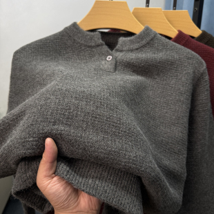 保暖毛衣男休闲青年毛衫 修身 线衣 男秋冬季 一粒扣亨利领加厚针织衫