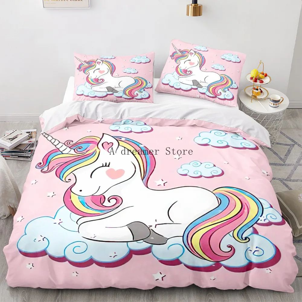 Kids Cartoon Unicorn Bedding Set Rainbow Horse Duvet Cover f