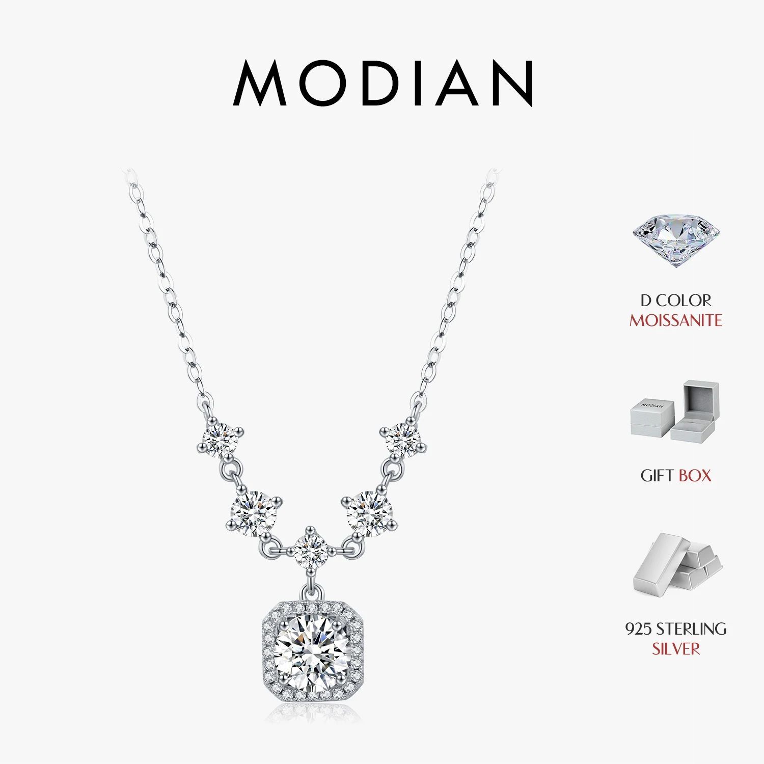 MODIAN 1CT D Color Moissanite Necklace 925 Sterling Silver L
