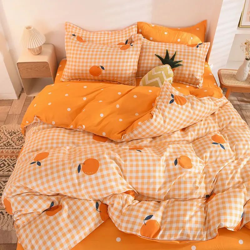 Orange Bedding Set Girls Boys Bed Linen Sheet Plaid Duvet Co