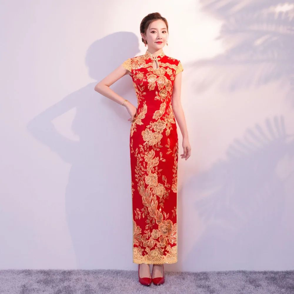 chinese new year women clothes long dress red cheongsams qip