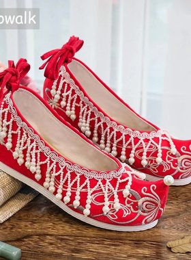 Veowalk Pearls Tassel Women Cotton Fabric Embroidered Chines