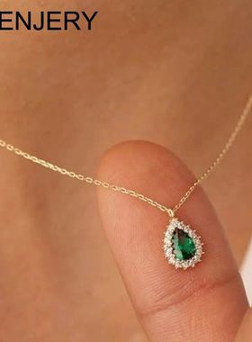 ANENJERY Luxury Emerald Color Necklace Women's Green Oval Zi