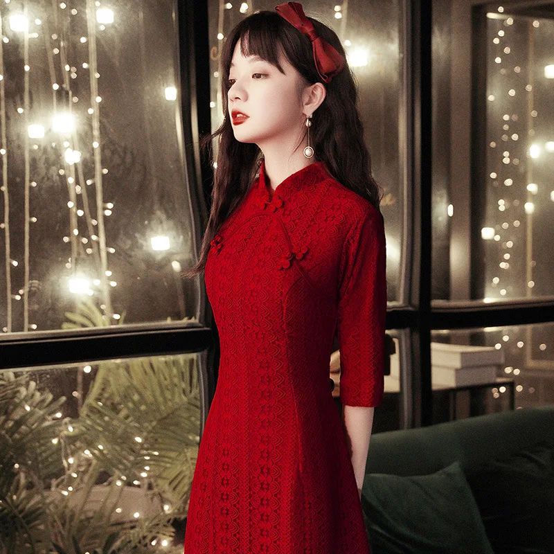 Vintage Chinese Style Cheongsam Women's Lace Qipao Red Summe