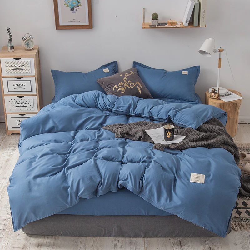 Blue Duvet Cover Set Home Textile Solid Color Minimalist Sty