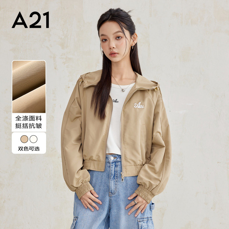 A21女装梭织宽松连帽插肩开襟夹克外套风衣短款运动,女装/女士精品,短外套,淘宝优惠券,粉丝福利购,淘宝优惠卷