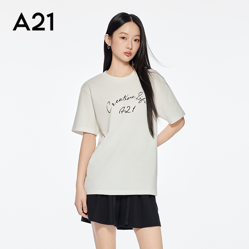 A21女装字母印花宽松显瘦T恤简约百搭圆领落肩袖上衣