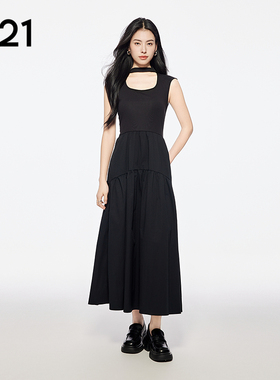 A21女装U型领修身高腰无袖连衣裙简约拼接压褶A字裙修身显瘦
