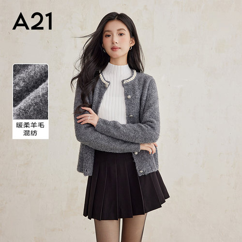 A21女装合体圆领平肩开襟毛衫