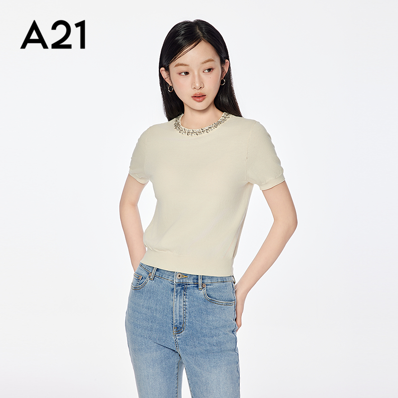 A21女装圆领钉珠短袖薄款毛针织衫2025夏季新款简约套头宽松上衣