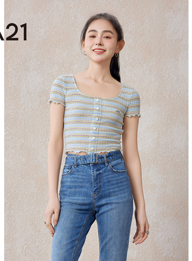 A21女装针织显瘦方领条纹短袖T恤夏季新款设计感时尚百搭短款上衣