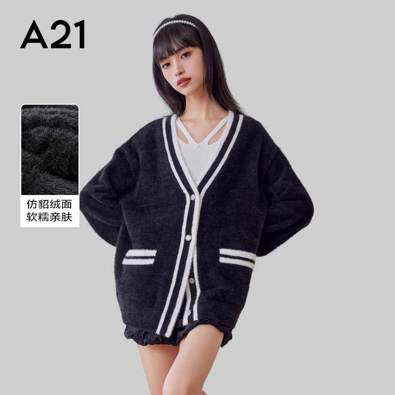 A21女装V领毛织外套开衫