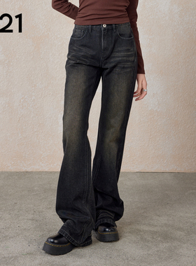 A21女装合体低腰喇叭牛仔裤春秋季水洗复古深色百搭简约显瘦长裤