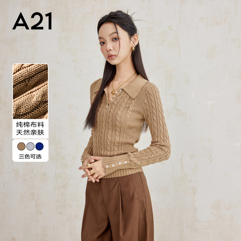 A21翻领半开领长袖针织衫