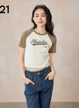 A21女装针织修身圆领插肩短袖T恤美式拼色学院风复古短款上衣女生