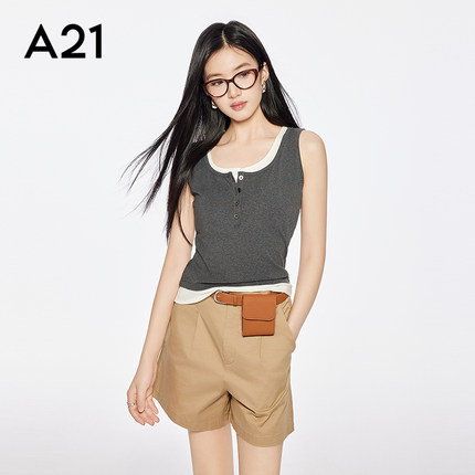 A21女装四色可选拼接撞色假两件背心2025夏季新款简约工字型吊带