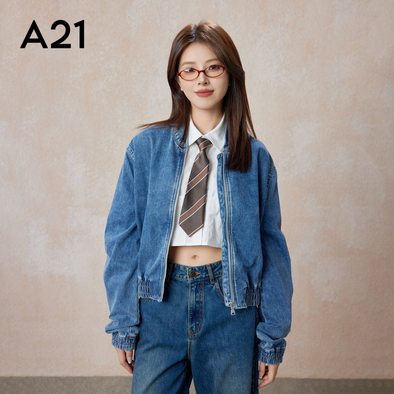 A21女装宽松立领落肩牛仔外套