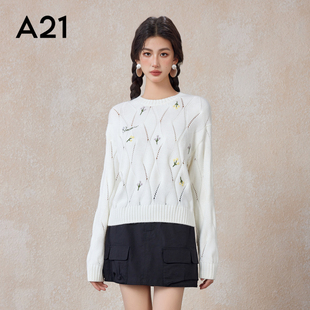 休闲百搭镂空打底衫 A21女装 春秋季 线衫 宽松圆领落肩套头长袖